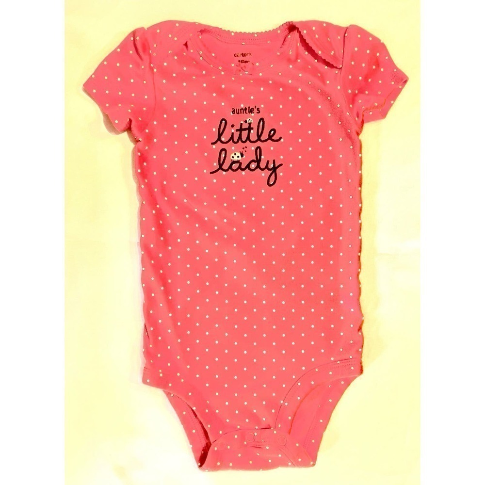 Carter’s Auntie’s Little Lady coral polka dot bodysuit, child size 18 months